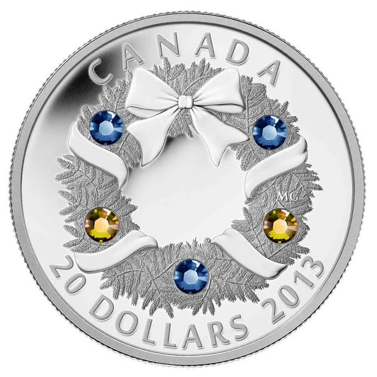 2013 Canada $20 Coin Holiday Wreath With Crystals Fine Silver Coin - cscoinsnbanknotes