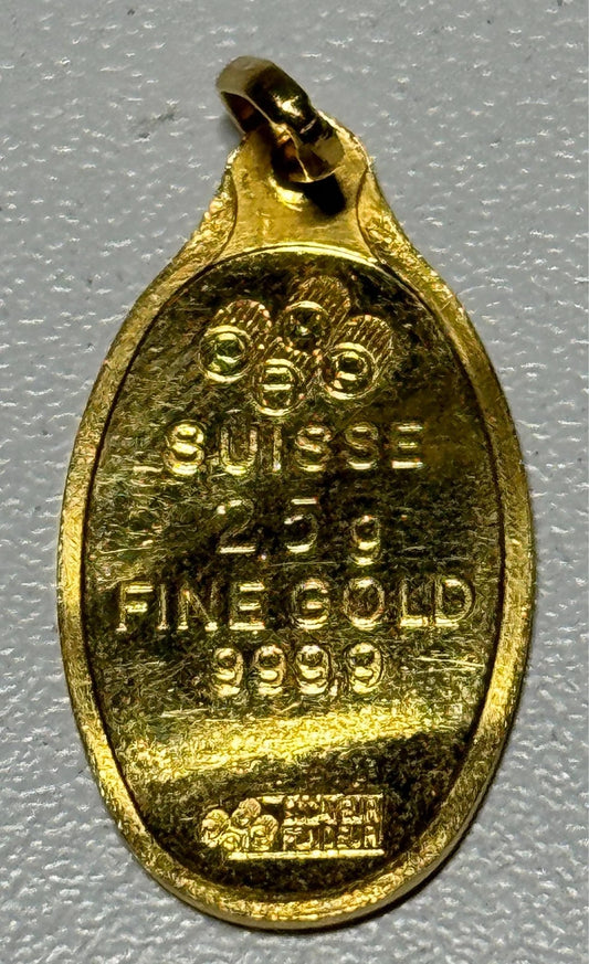 PAMP Suisse Lady Fortuna 2.5g Fine Gold Pendant 999.9 Vintage Oval Gold Bar