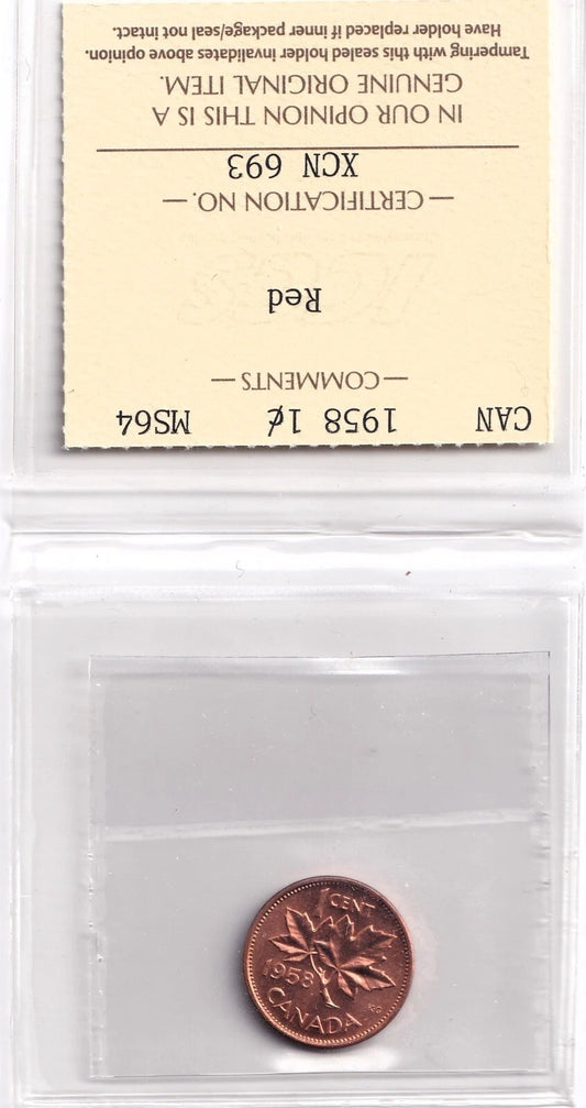 Canada 1958 One Penny Queen Elizabeth II ICCS Graded MS 66 Red