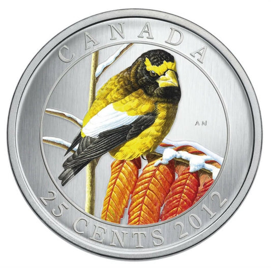 Evening Grosbeak - 2012 Canada 25 cent Coloured Coin - cscoinsnbanknotes