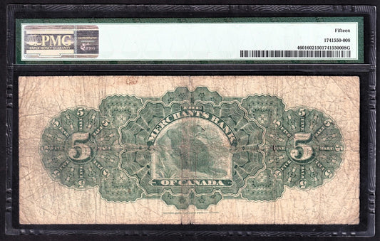1906 Merchants Bank Of Canada $5 Five Dollar Banknote Allan 2472273 A PMG 15 - cscoinsnbanknotes