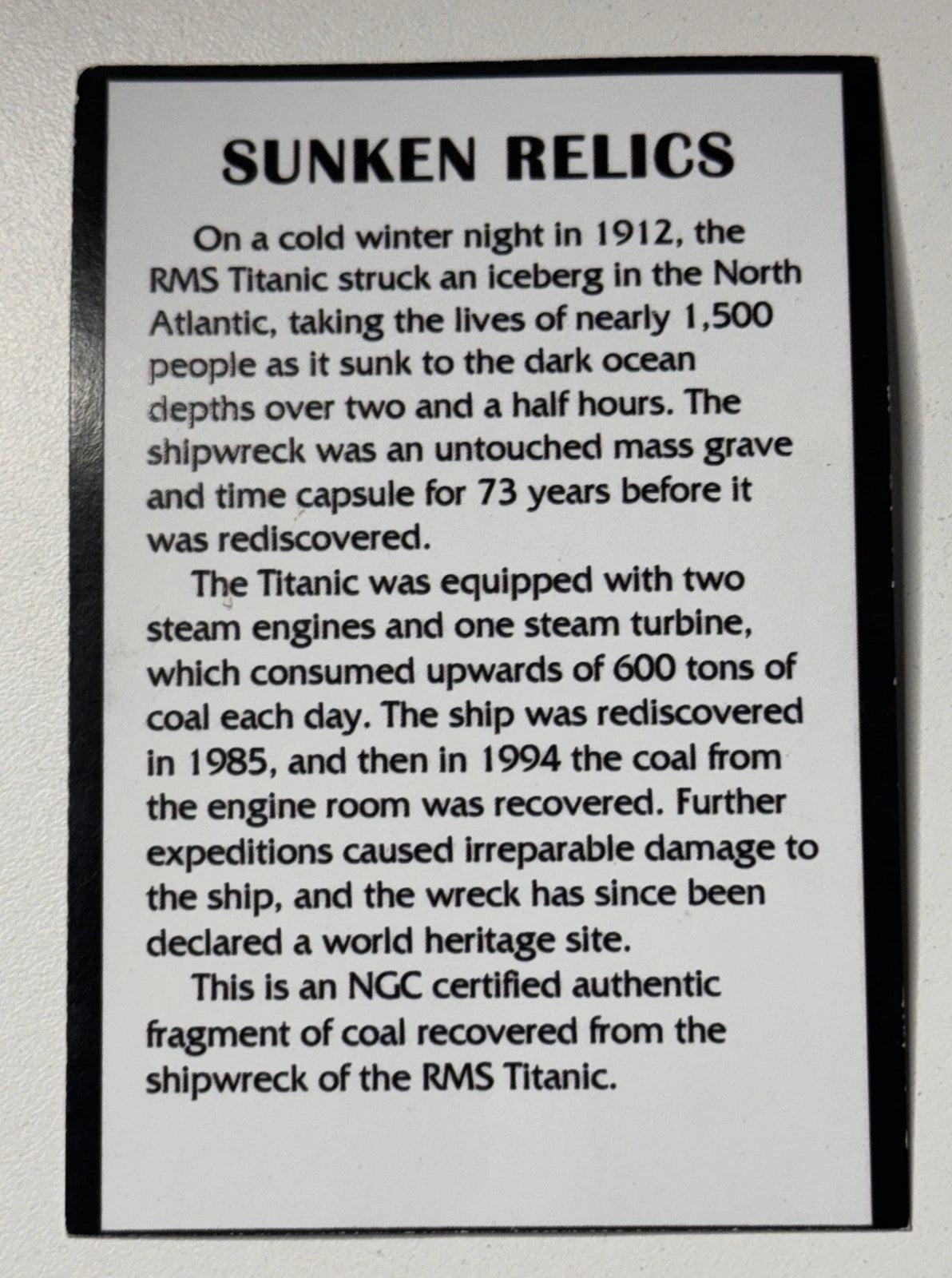 Coal Recovered from the RMS Titanic Sunken Relics NGC Certified Shipwreck Piece