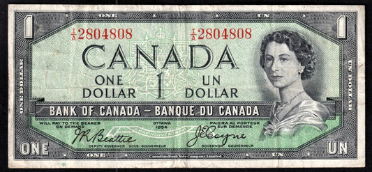 Canada 1954 $1 One Dollar Banknote Beattie - Coyne Devils Face BC-29b F-VF - cscoinsnbanknotes