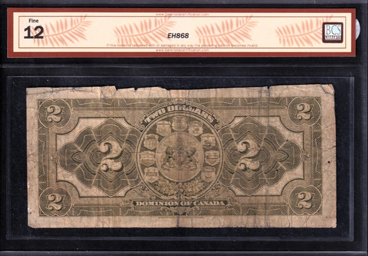 Dominion Of Canada 1914 $2 Two Dollar Banknote BCS Graded F12 Seal Only Series S