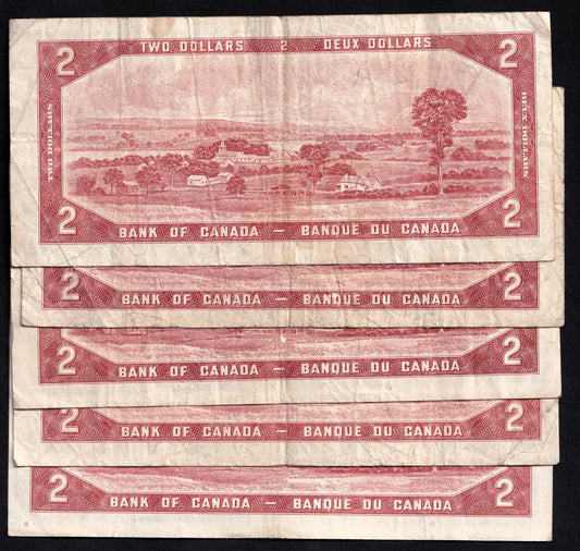Lot Of 5x Canada 1954 $2 Banknote | Modified Portrait | Circulated - cscoinsnbanknotes
