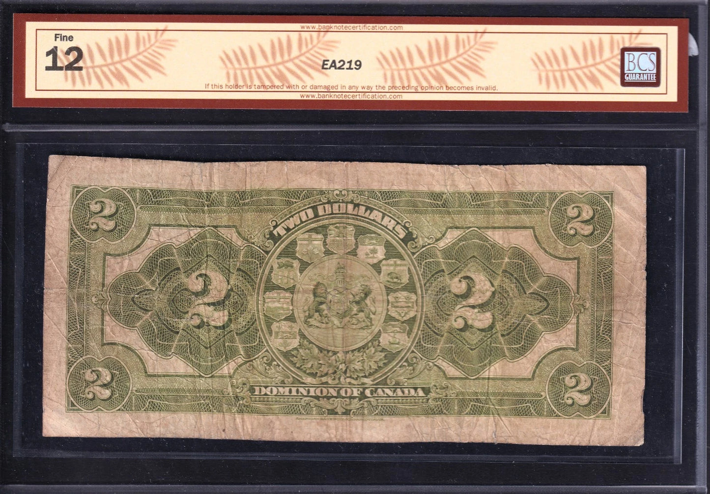 Dominion Of Canada 1914 $2 Two Dollar Banknote BCS Graded F12 No Seal Series C - cscoinsnbanknotes