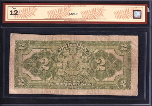 Dominion Of Canada 1914 $2 Two Dollar Banknote BCS Graded F12 No Seal Series C