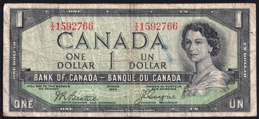 Canada 1954 $1 One Dollar Banknote Beattie - Coyne Devils Face VG-F - cscoinsnbanknotes
