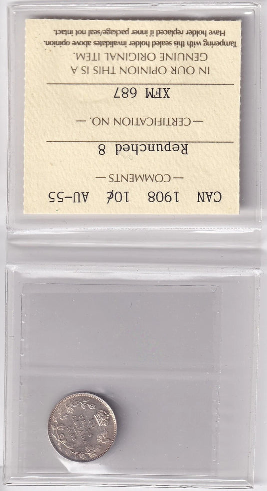 Canada 1908 10 Cent Ten Cent Coin ICCS Certified AU-55 Repunched 8 Rare