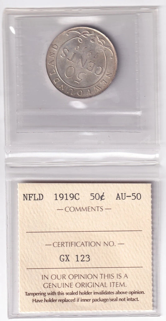 Newfoundland 1919c Fifty Cent 50c Coin ICCS Graded AU-50 Nice Grade