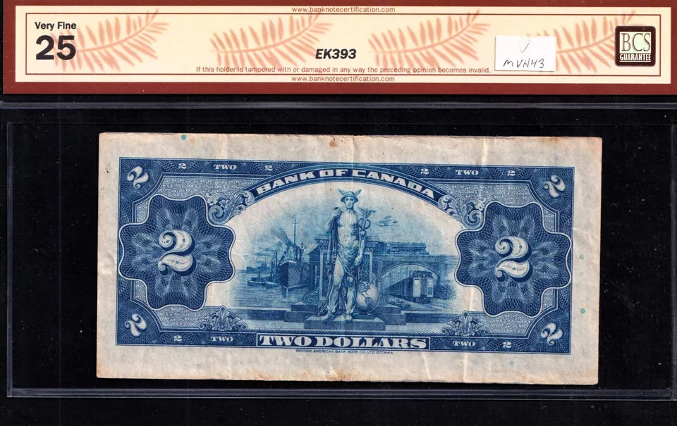 1935 Bank Of Canada $2 Two Dollar Banknote Osborne- Towers BCS VF-25 - cscoinsnbanknotes