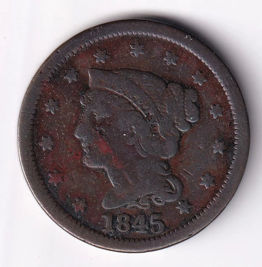 USA United States 1845 1c One Braided Hair Large Cent VG Very Good - cscoinsnbanknotes