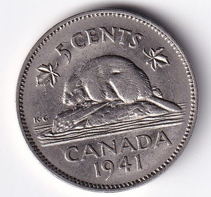 Canada 1941 Five Cent 5c Nickel King George VI Extra Fine, Nice Details