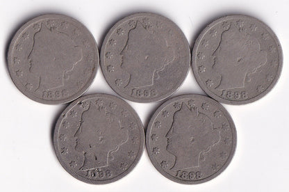 USA 1898 5c Liberty Head Nickel Lot Of Five Harder Date