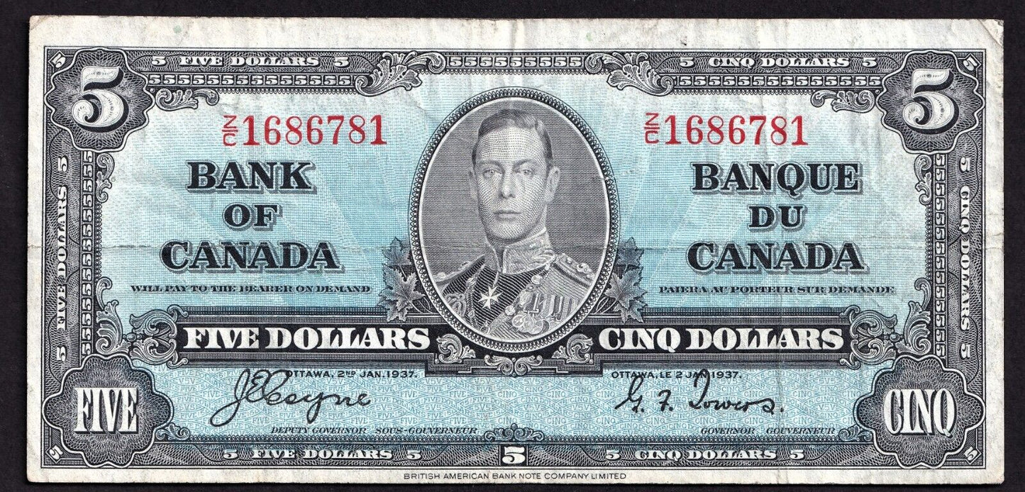 Canada 1937 $5 Five Dollar Banknote Coyne - Towers Z/C 1686781