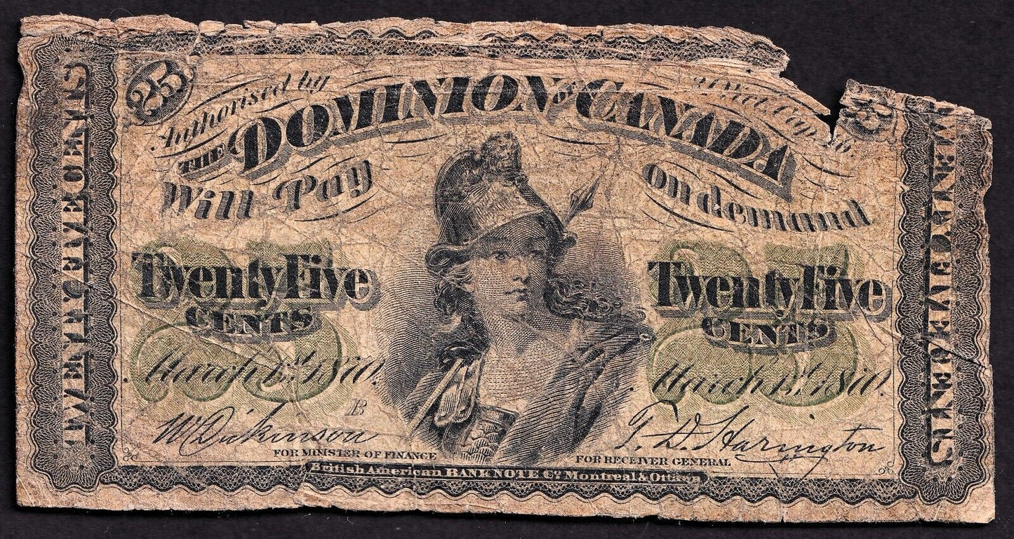 Dominion of Canada 1870 25 Cent Shinplaster B Series Dickinson-Harington