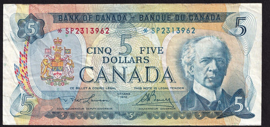 Canada 1972 $5 Five Dollar Banknote Lawson - Bouey Replacement *SP 2313962