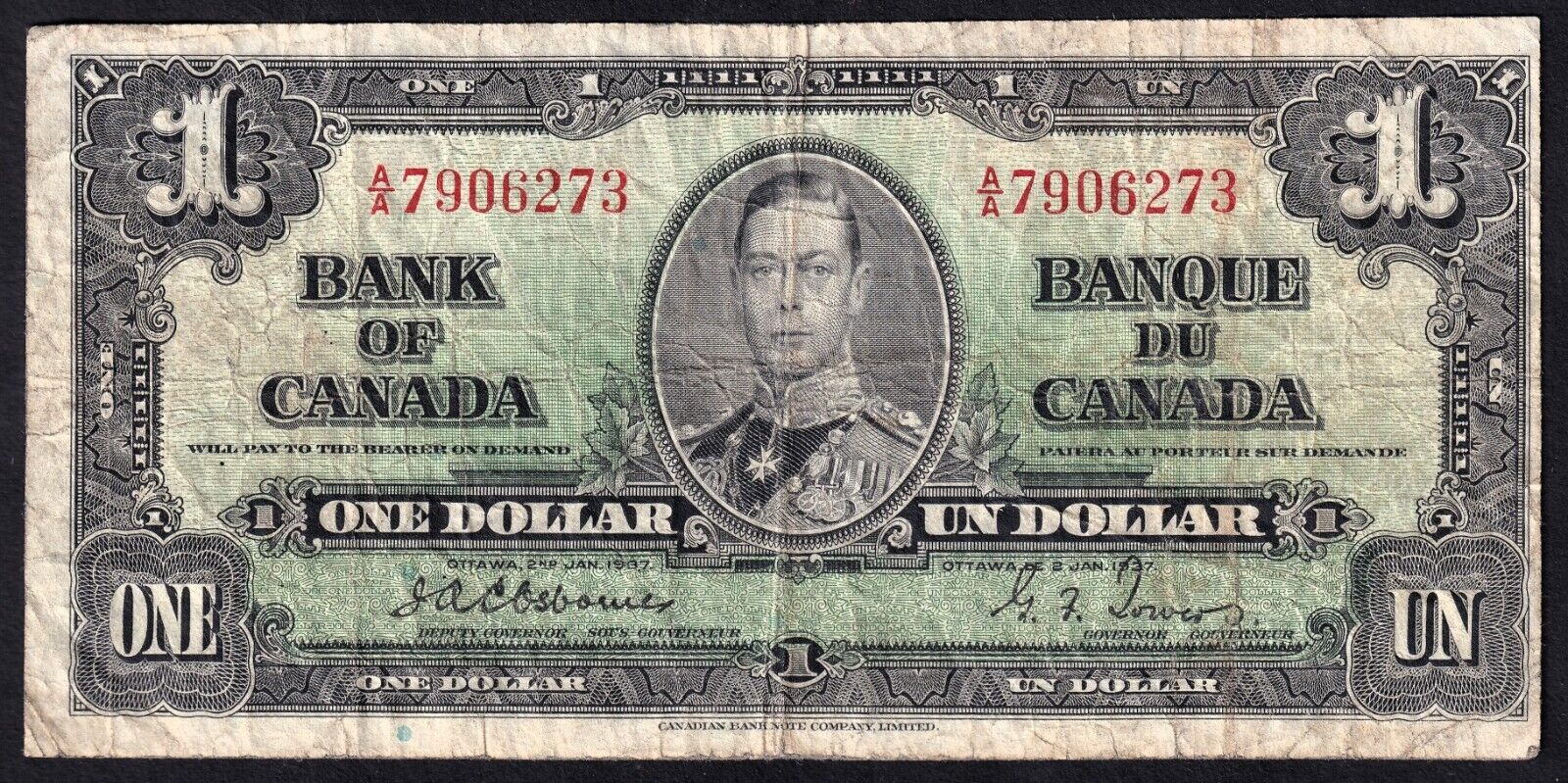 Canada 1937 $1 One Dollar Banknote Osbourne - Towers A/A 7906273