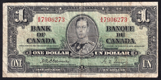 Canada 1937 $1 One Dollar Banknote Osbourne - Towers A/A 7906273