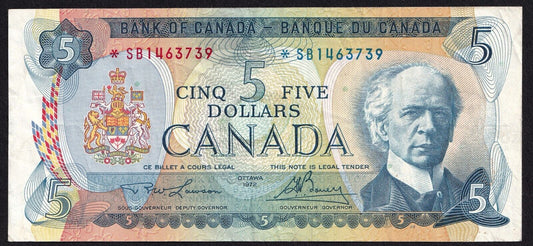 Canada 1972 $5 Five Dollar Banknote Lawson - Bouey Replacement *SB Below 1.6 M