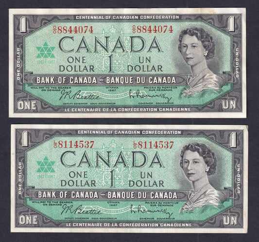 Canada 1967 $1 One Dollar Banknote Lot Of Two Beattie-Raminsky (Nicer Grades)