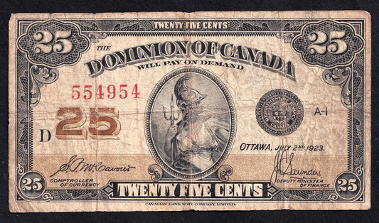 1923 Dominion of Canada 25c Shinplaster Note McCavour - Sanders - 554954