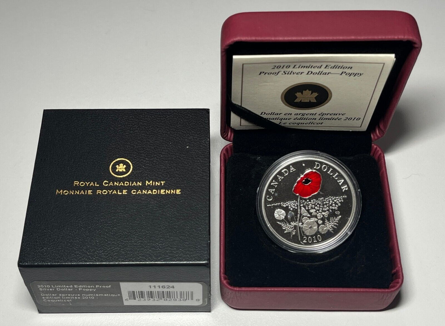 2010 $1 Limited Edition Proof Silver Dollar - Poppy Red Enamel - Complete