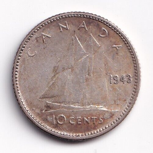 Canada 1943 Ten Cent Dime King George VI .800 Silver Coin - EF40