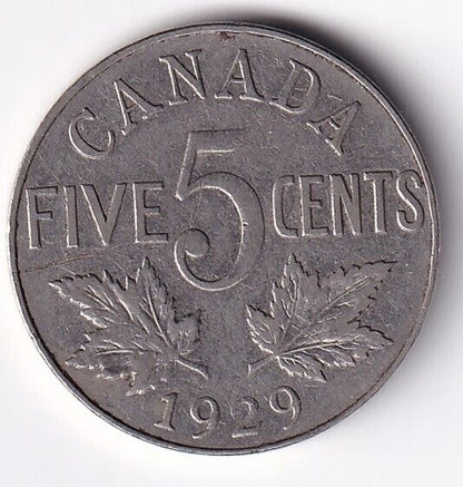 Canada 1929 Five Cent 5c Nickel King George V Very Fine #2