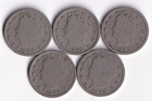 USA 1905 5c Liberty Head Nickel Lot Of Five Harder Date