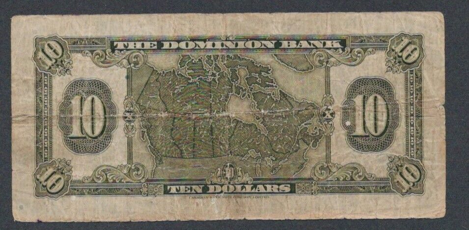 1938 Dominion Bank of Canada $10 Chartered Banknote - S/N:283212 220-28-04