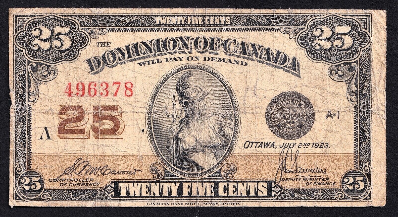 1923 Dominion of Canada 25c Shinplaster Note McCavour - Sanders - 496378