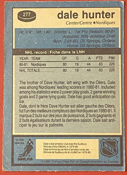 1981-82 O-Pee-Chee Hockey card #277 Dale Hunter Nordiques