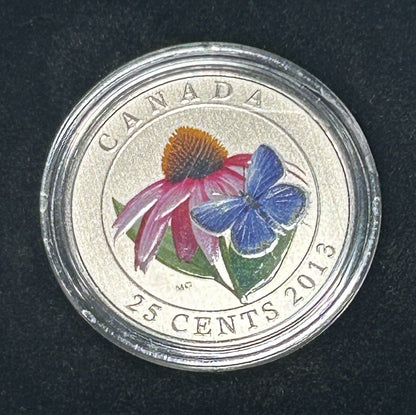 2013 Canada 25 Cent Colour Purple Coneflower and Eastern Tailed Blue Box + COA