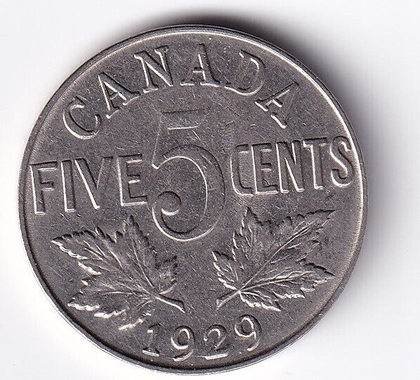 Canada 1929 Five Cent 5c Nickel King George V Very Fine