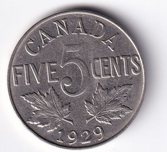 Canada 1929 Five Cent 5c Nickel King George V Very Fine