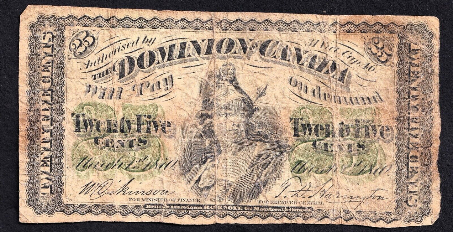 Dominion of Canada 1870 25 Cent Shinplaster Plain Dickinson-Harington Nice Note