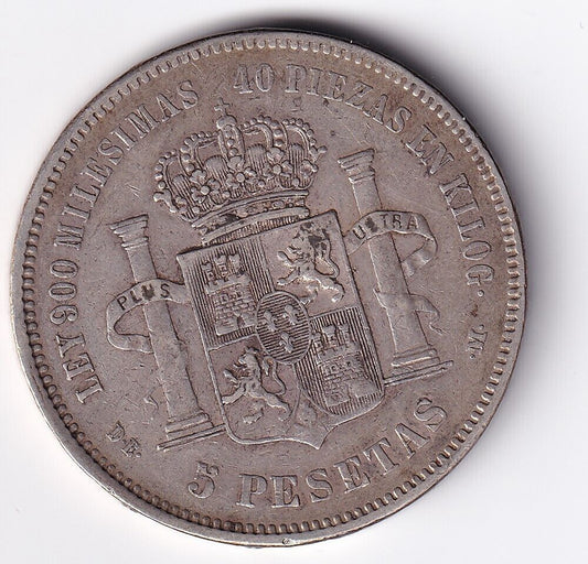 Spain Coin 5 Pesetas 1875 King Alfonso XII Silver .900 Large Silver Coin