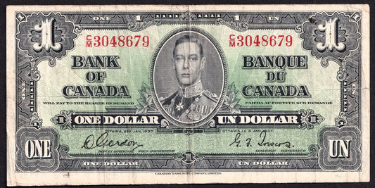 Canada 1937 $1 One Dollar Banknote Gordon - Towers C/M 3048679