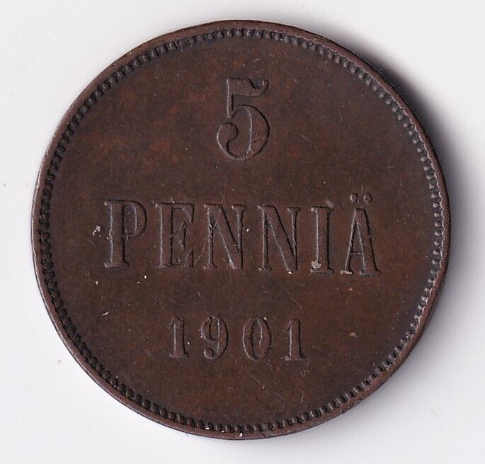 Finland Russia 5 Pennia 1901 Copper Coin Key Date Strong Detailed Coin KM#15