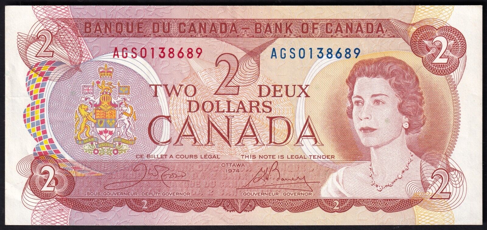 Canada 1974 $2 Two Dollar Banknote Crow - Bouey AGS 0138689