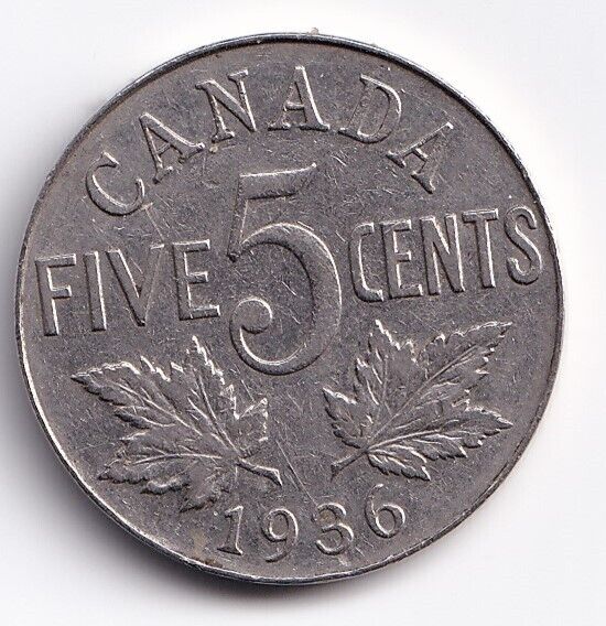 Canada 1936 Five Cent 5c Nickel King George V Fine/Very Fine