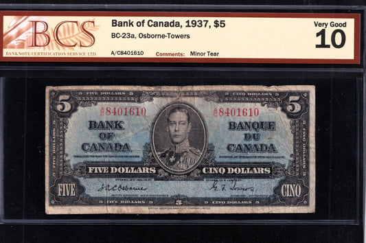 1937 Bank Of Canada $5 Five Dollar Banknote Osborne- Towers BCS VG - 10