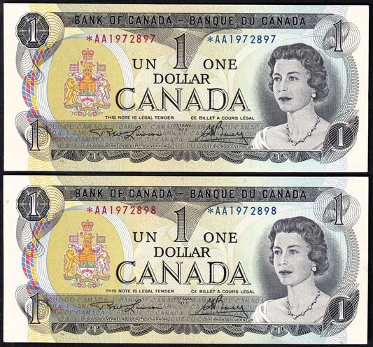 Canada 1973 $1 One Dollar Lot Of Two Consecutive Replacemnt Banknotes Lawson *AA