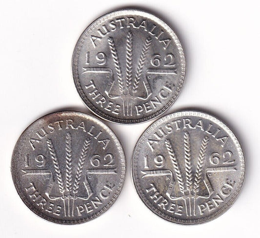 Lot Of Three Australia 1962 Threepence Elizabeth II Silver Coins High Grades