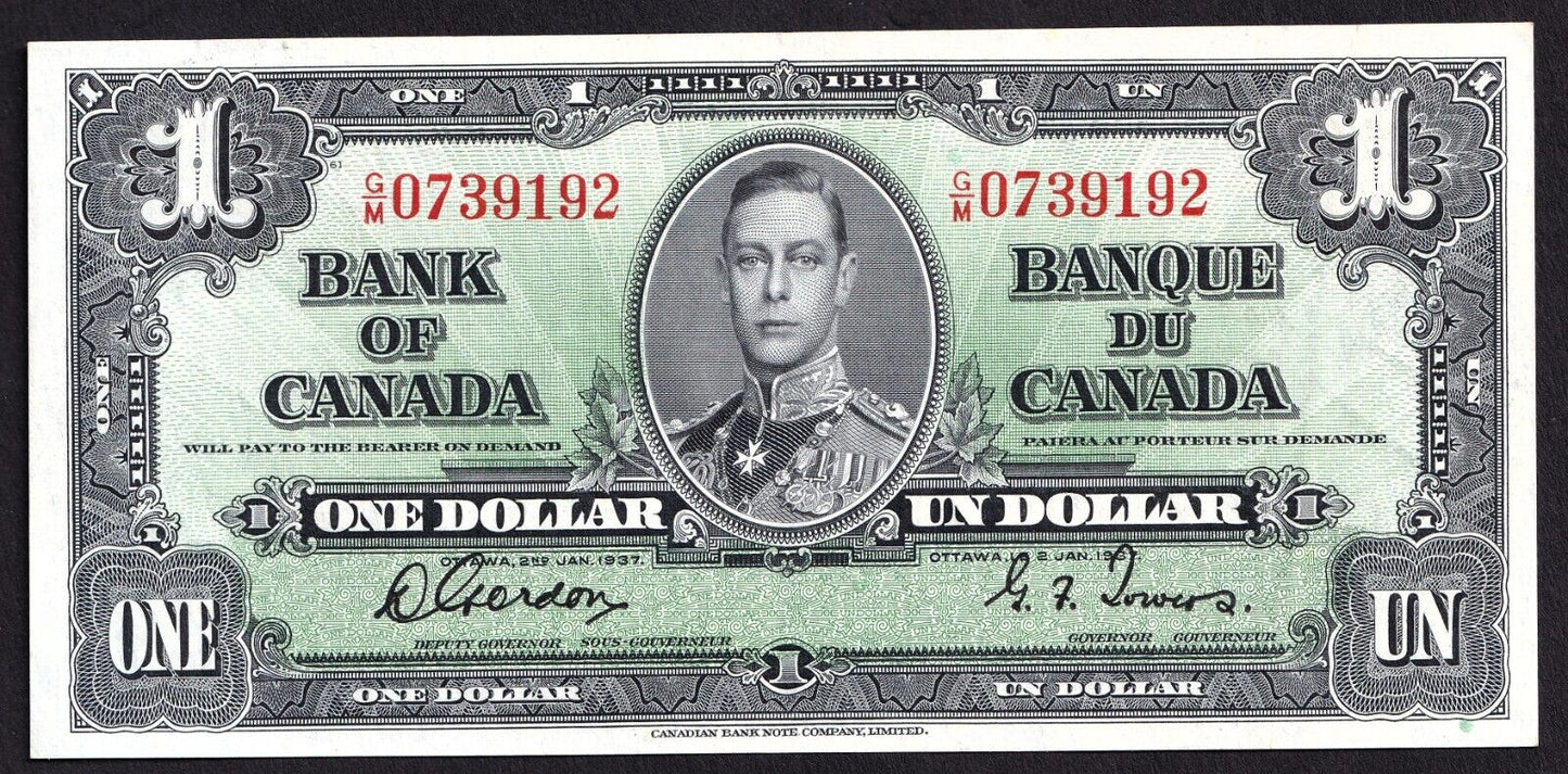 Canada 1937 $1 One Dollar Banknote Gordon - Towers G/M 0739192