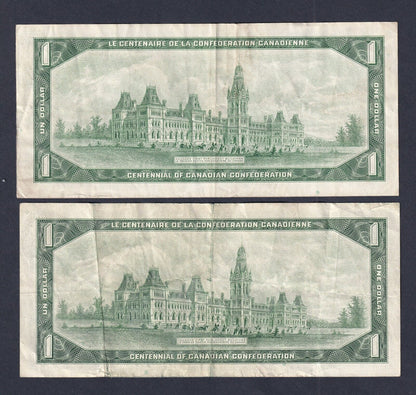 Canada 1967 $1 One Dollar Banknote Lot Of Two Beattie-Raminsky (Nicer Grades)