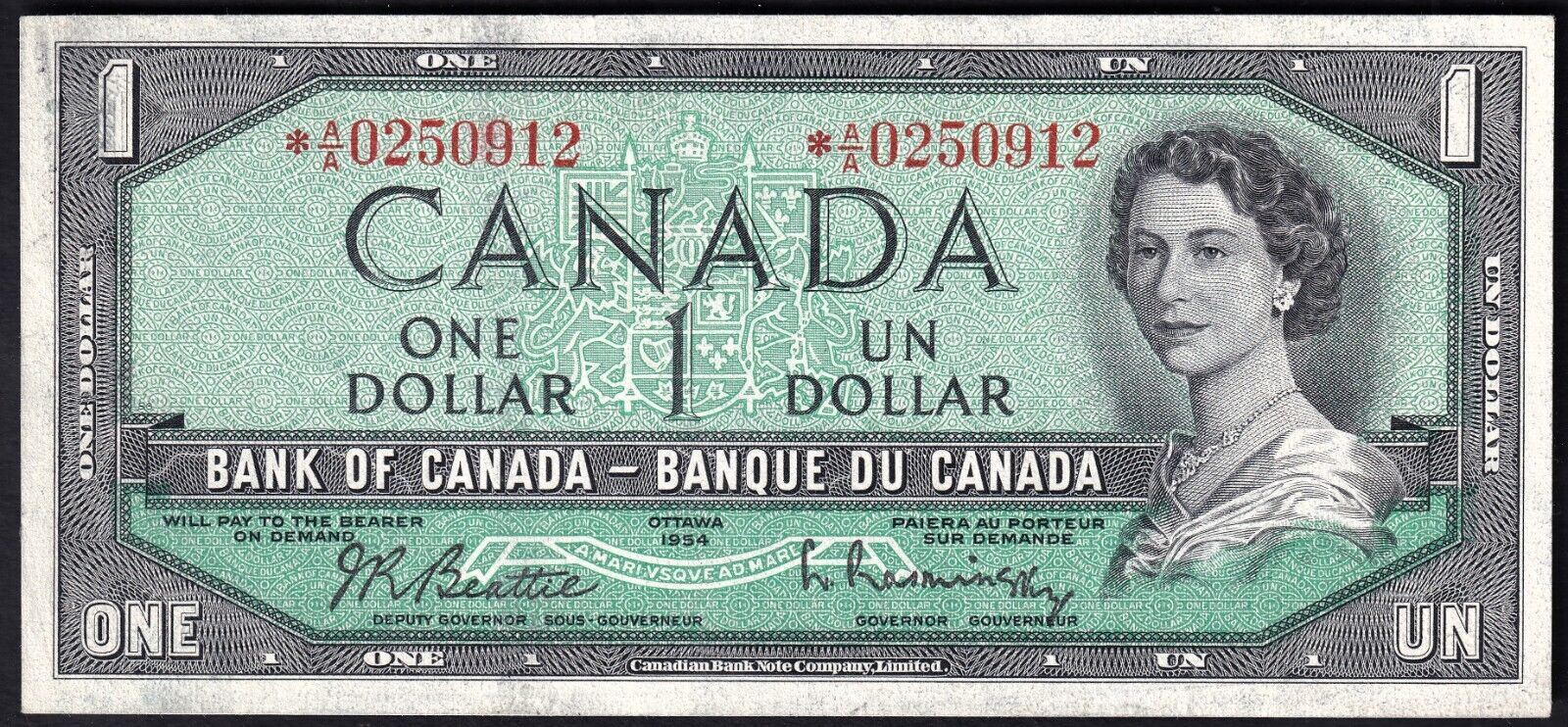 Canada 1954 $1 One Dollar Replacement Banknote Beattie - Rasminsky *A/A 0250912