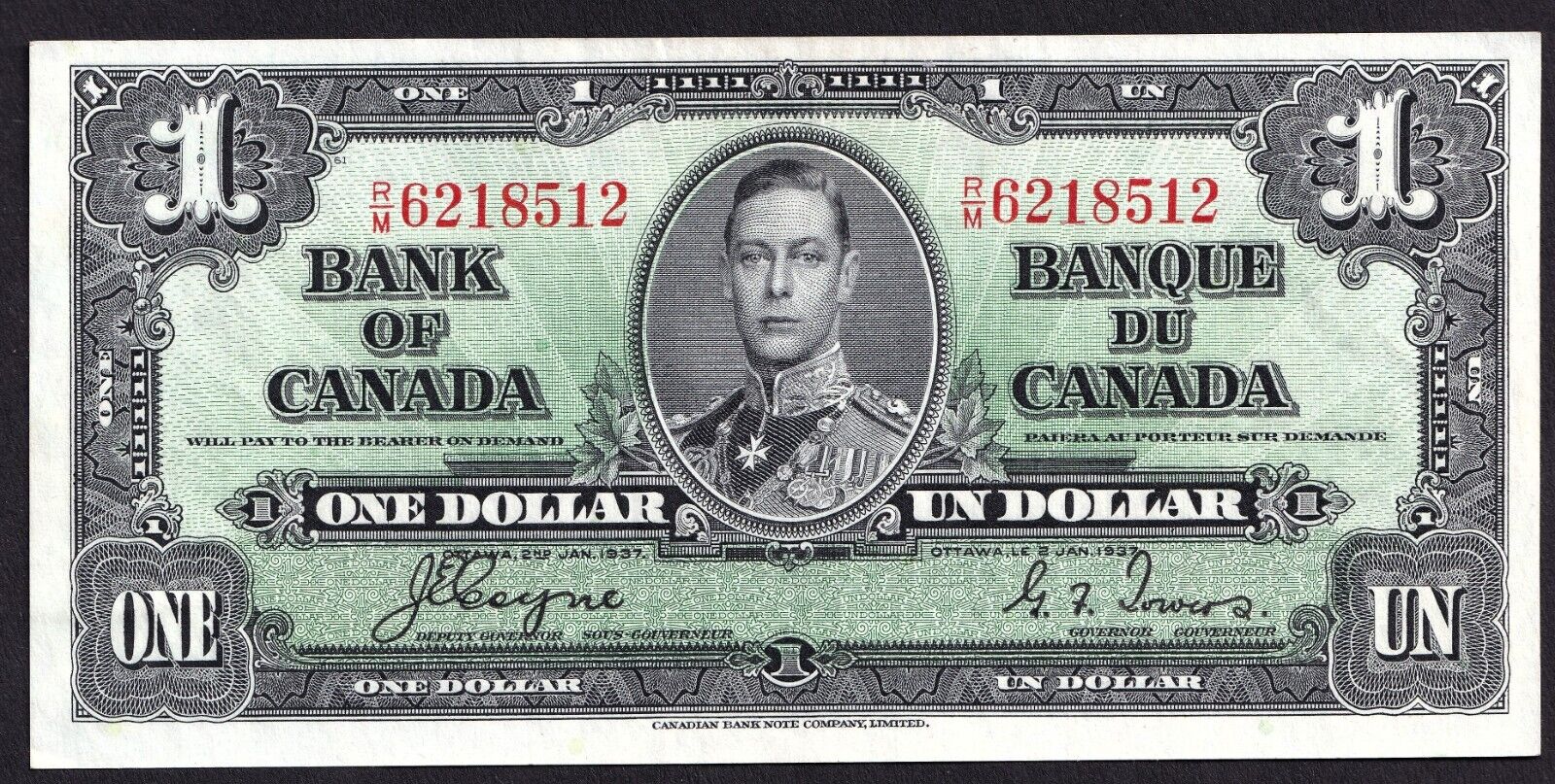 Canada 1937 $1 One Dollar Banknote Coyne - Towers R/M 6218512