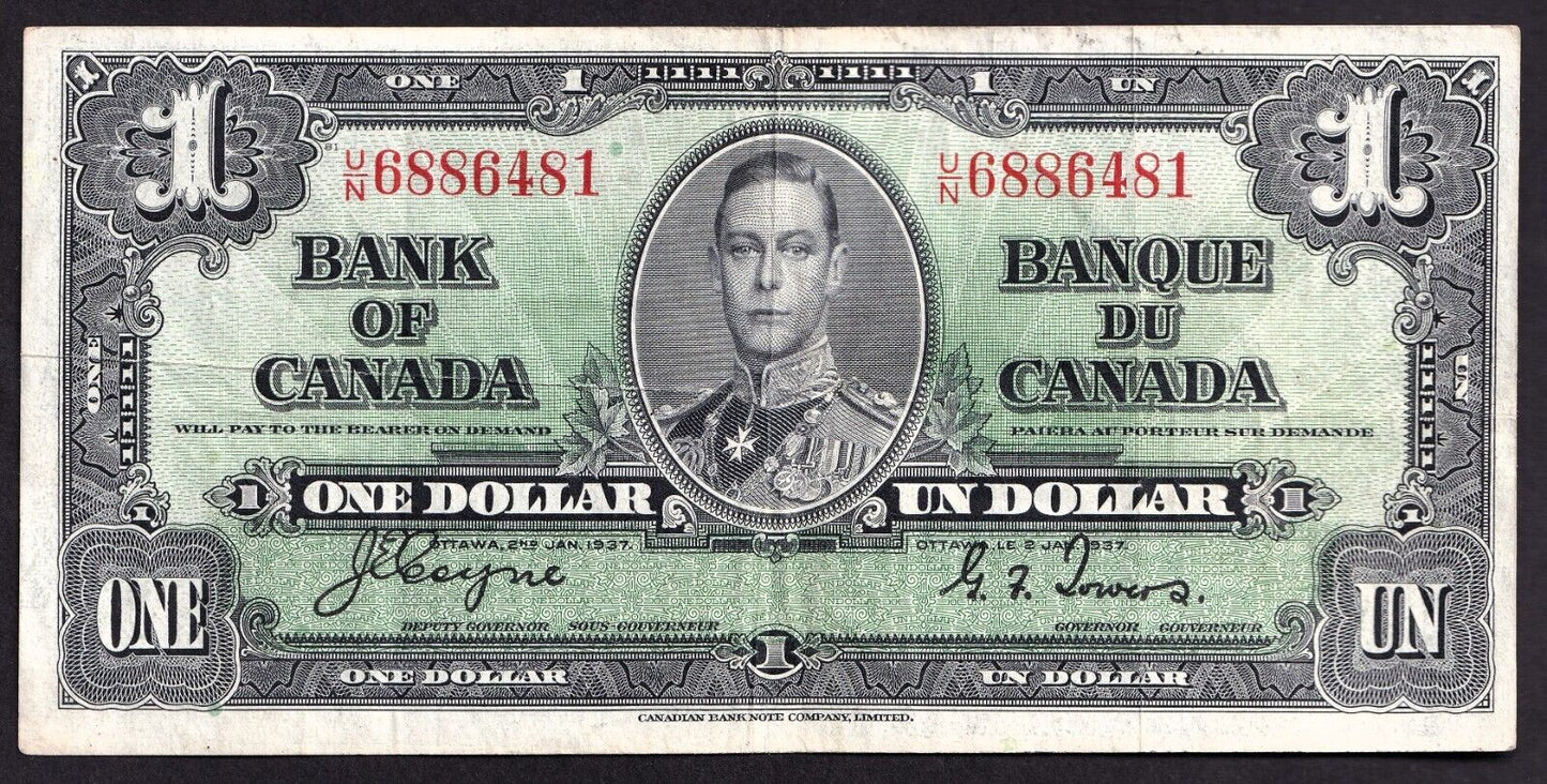 Canada 1937 $1 One Dollar Banknote Coyne - Towers U/N 6886481 Nice Colour